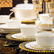 瓷禮萬(wàn)家碗家用套裝高檔碗具套裝碗盤(pán)餐具整套金邊碗碟套裝喬遷62頭禮盒裝