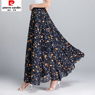 皮爾卡丹雪紡半身裙中長(cháng)款高腰顯瘦長(cháng)裙復古大擺裙a字跳舞長(cháng)裙氣質(zhì)沙灘裙 深藍小黃花 2XL 141-160斤