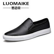 羅邁克（LUOMAIKE）樂福鞋夏季潮鞋懶人百搭板鞋韓版一腳蹬男真皮男士套腳休閑皮鞋 115804黑色鏤空款 38