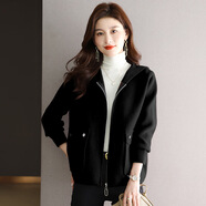 歌米拉（Gemila）連帽毛呢外套女短款寬松針織開(kāi)衫外穿洋氣休閑小個(gè)子帶帽毛衣外套 9071款黑色 XL 120-130斤