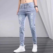 暢登牛仔褲男春夏款修身小腳破洞長(cháng)褲子男百搭韓版潮流彈力牛仔九分褲 【X8902款】淺藍 32