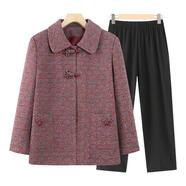 卓汐顏奶奶秋裝外套女60歲70老人媽媽春秋裝長(cháng)袖唐裝中老年女老太太衣服 紅色套裝【上衣+褲子】 常規 2XL 建議【100-115斤】