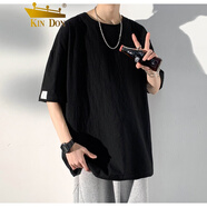 KIN DON短袖亞麻短袖t恤男夏季潮牌潮流大碼寬松衣服中國(guó)風(fēng)棉麻體恤 黑色 XL
