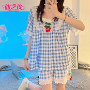 仙之儀 夏季短袖時尚可外穿睡衣女士夏天大碼休閑寬松家居服套裝 蕾絲藍色格子櫻桃-TF 160/90(M)