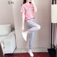 戀的休閑運動套裝女學(xué)生夏季高中初中生女生短袖衣服夏天上衣韓版寬松原宿風(fēng)少女中學(xué)生時尚潮流T恤褲子一套 圖片色套裝 M