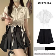 素優(yōu)米兩件套裝短袖T恤女裝夏季學(xué)院風(fēng)襯衫系帶上衣潮搭配百褶裙jk短裙 白色襯衫+百褶裙 L 105-115斤