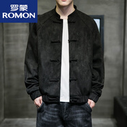 羅蒙（ROMON）春秋季中國風外套男鹿皮絨夾克寬松新中式古風盤扣男裝 黑色 3XL 160-180