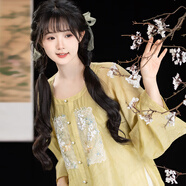 清水溪漢初玉鳥(niǎo)紫藤 清水溪漢初國風(fēng)原創(chuàng  )漢服女長(cháng)短袖圓領(lǐng)衫改良馬面裙春秋 淡黃色松緊馬面裙 準現貨 L