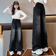 蓉月閣女童牛仔褲春秋款2024新款中大童直筒褲洋氣兒童小女孩寬松闊腿褲 黑色【春秋款】 M 160c