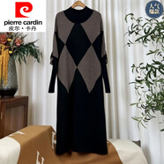 皮爾卡丹（pierre cardin）品牌女裝高級感菱形格寬松毛衣裙女2024春秋毛毛中長款過膝針織裙 黑色 M 【建議100-125斤】