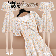 RUIQIUER 碎花連衣裙夏季新款女裝韓版方領(lǐng)蕾絲裙子法式初戀溫柔風(fēng)仙女裙 橘色連衣裙 M