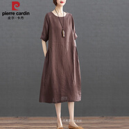 皮爾卡丹（pierre cardin）2025夏季新款復(fù)古媽媽裝短袖中長(zhǎng)款寬松休閑時(shí)尚純色棉麻連衣裙女 咖啡色 2XL 建議142-155斤穿
