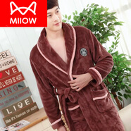 貓人（MiiOW）秋冬季加厚法蘭絨情侶睡袍浴袍女士珊瑚絨浴衣長(cháng)款睡衣男款加大碼 咖啡棕色徽章男 L 165