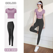 DUTRIEUX 瑜伽服女套裝健身運(yùn)動(dòng)服跑步訓(xùn)練衣含胸墊T恤拼接短袖瑜伽褲 瑜伽服兩件套果醬紫+黑 M（建議95-110斤）