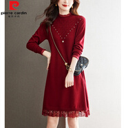 皮爾卡丹（pierre cardin）秋冬半高領(lǐng)針織連衣裙女中長(cháng)款寬松時(shí)尚毛衣配大衣毛衣裙打底裙 紅色 M 建議90-100斤