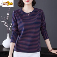 初徑純棉長(cháng)袖T恤女裝中年媽媽裝春秋新款大碼寬松遮肚圓領(lǐng)上衣打底2 558*藍色 4XL 建議【160-180斤】