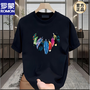 羅蒙（ROMON）夏季新款短袖T恤男時尚復古印花半袖上衣潮流百搭情侶裝體恤新品 黑色【K940 彩色羽毛】 3XL 建議180-195斤