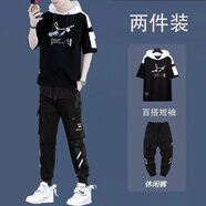 執笙記連帽短袖t恤男士休閑套裝夏季薄款五分袖衣服男裝一套搭配兩件裝 T3269黑色+K501工裝褲 XL 120-140斤