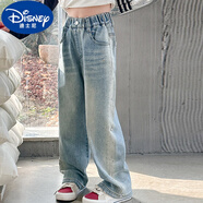 迪士尼（Disney）女童秋季薄款軟牛仔褲子女2025新款高腰窄版兒童闊腿褲女大童直筒 淺藍(lán)色春秋款 170 (適合160-165cm，13歲)