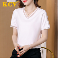 KCV女裝V領(lǐng)短袖T恤女新品純色網(wǎng)紗拼接修身顯瘦打底上衣半袖衫 白色 L