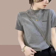 米詩(shī)德半高領(lǐng)短袖t恤女小個(gè)子純棉正肩上衣夏季寬松顯瘦中年女士衣服 灰色[AD0189 M