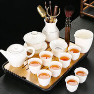 靜瓷齋德化白瓷羊脂玉功夫茶具套裝家用客廳泡茶辦公室會客簡約茶杯 描金-美人壺素雅杯+黑長方盤 13頭