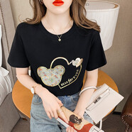 羅蒙（ROMON）T恤女25夏季新款女裝新品女士t恤短袖上衣愛心印花圓領(lǐng)亮片上衣女 黑色 M
