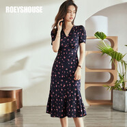 ROEYSHOUSE羅衣花色緞面連衣裙溫柔風優(yōu)雅魚尾擺泡泡袖夏裝中長款裙子04310 花色 L
