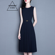 SHIROMA女裝無袖連衣裙中長款修身夏季新款淑女時(shí)尚氣質(zhì)A字百褶藏藍(lán)色背 藏藍(lán)色 M