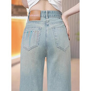 德莉婭2025年新款秋季淺色闊腿牛仔褲女窄版百搭刺繡設(shè)計韓版直筒褲女褲 淺藍色/長褲 3XL (31) 建議130-140斤
