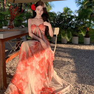 智立冠連衣裙女2024夏季新款繁花度假風情印花抹胸長裙子 紅色扎染 M