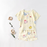 丹圖森夏季嬰兒棉綢套裝女寶寶家居服夏裝兒童睡衣男童空調(diào)服女童綿綢薄 短袖套頭黃色小象 90 cm（60碼）兩用檔