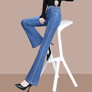 南極人（Nanjiren）松緊腰牛仔褲女2024春秋新款彈力微喇褲高腰顯瘦梨形身材喇叭褲子 淺藍色 XL 【建議115斤-130斤】