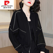 皮爾卡丹（pierre cardin）針織黑色太空棉短款外套女長(cháng)袖2025年秋冬新款休閑寬松棒球服夾克 黑色 M 建議80-105斤