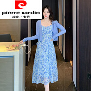 皮爾卡丹（pierre cardin）海邊度假性感v領(lǐng)抹胸雪紡長裙女夏季新款甜美減齡碎花吊帶連衣裙 藍(lán)色 2XL