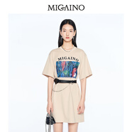 曼婭奴（MIGAINO）印花T恤女2025春夏新款圓領(lǐng)收腰小個(gè)子遮臀長(zhǎng)款短袖 沙色 155/80A/S