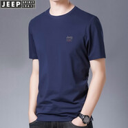 吉普（JEEP）短袖t恤男圓領(lǐng)大碼男裝夏季薄款純色刺繡棉質(zhì)男士短袖體恤打底衫 藍色 5XL/建議200斤左右