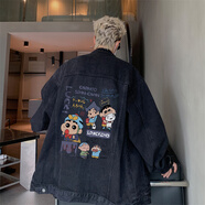 良茨胖子大碼牛仔外套男春秋棒球服潮牌牛仔夾克寬松大碼套裝夾克男 JK1158黑色 5XL 205-240斤