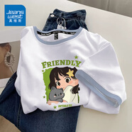 真維斯（JEANSWEST）短袖t恤女夏季新款純棉女裝上衣服撞色寬松ins風小個子女生半袖衫 白湖藍 抱貓女孩 L