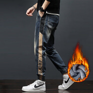 楠寧春季個(gè)性美式工裝款硬漢彈力牛仔褲男直筒大碼復古褲子潮 925深藍色（加絨款） 32 碼（135斤-150斤）