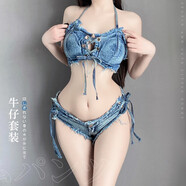 情趣牛仔褲戶(hù)外火辣破洞野外露出歐美沙灘褲韓版女牛仔短褲熱褲超短褲性感夜店誘惑內衣 套裝（上衣+短褲）