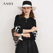 AMII極簡撞色浮世繪提花毛衣秋寬松套頭落肩長袖毛織上衣女 黑色 160/84A/M
