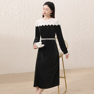 勿忘花黑色裙子秋冬2025新款打底裙名媛高端小洋裝長(cháng)袖絲絨連衣裙 黑色 XL
