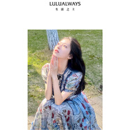 LULUALWAYS【商場(chǎng)同款】24夏季新款千金名媛氣質(zhì)收腰印花連衣裙女 藍色 M