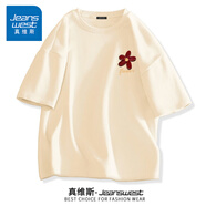 真維斯（Jeanswest）純棉短袖t恤女裝夏季新款寬松大碼打底衫女半袖小個(gè)子時(shí)尚上衣服 米色 酒紅的小花_K S