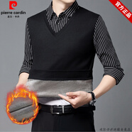 皮爾卡丹（pierre cardin）品牌加絨加厚長(zhǎng)袖t恤男冬季假兩件襯衫領(lǐng)條紋體恤商務(wù)中年打底衫 911104黑色 170110L50推薦120-135斤