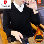 皮爾卡丹（pierre cardin）襯衣領(lǐng)假領(lǐng)男士毛衣潮流韓版休閑秋冬針織加絨加厚款假兩件套頭衫 C02黑色 加絨 3XL