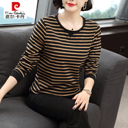 皮爾卡丹（pierre cardin）純.棉長(zhǎng)袖t恤女寬松2025春秋裝新款外穿條紋上衣打底衫 咖啡條紋  XL 建議115-125斤