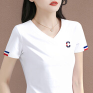 t恤女2025年夏季新款修身顯瘦V領(lǐng)女士半袖上衣韓版繡花棉休閑短袖 白色 XL【110-120斤】