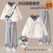 蘇韻雅冬季套裝女學(xué)生韓版寬松假兩件連帽棉服+加絨闊腿褲兩件套 米白棉服+加絨灰褲送包包 9204# S 建議70-95斤